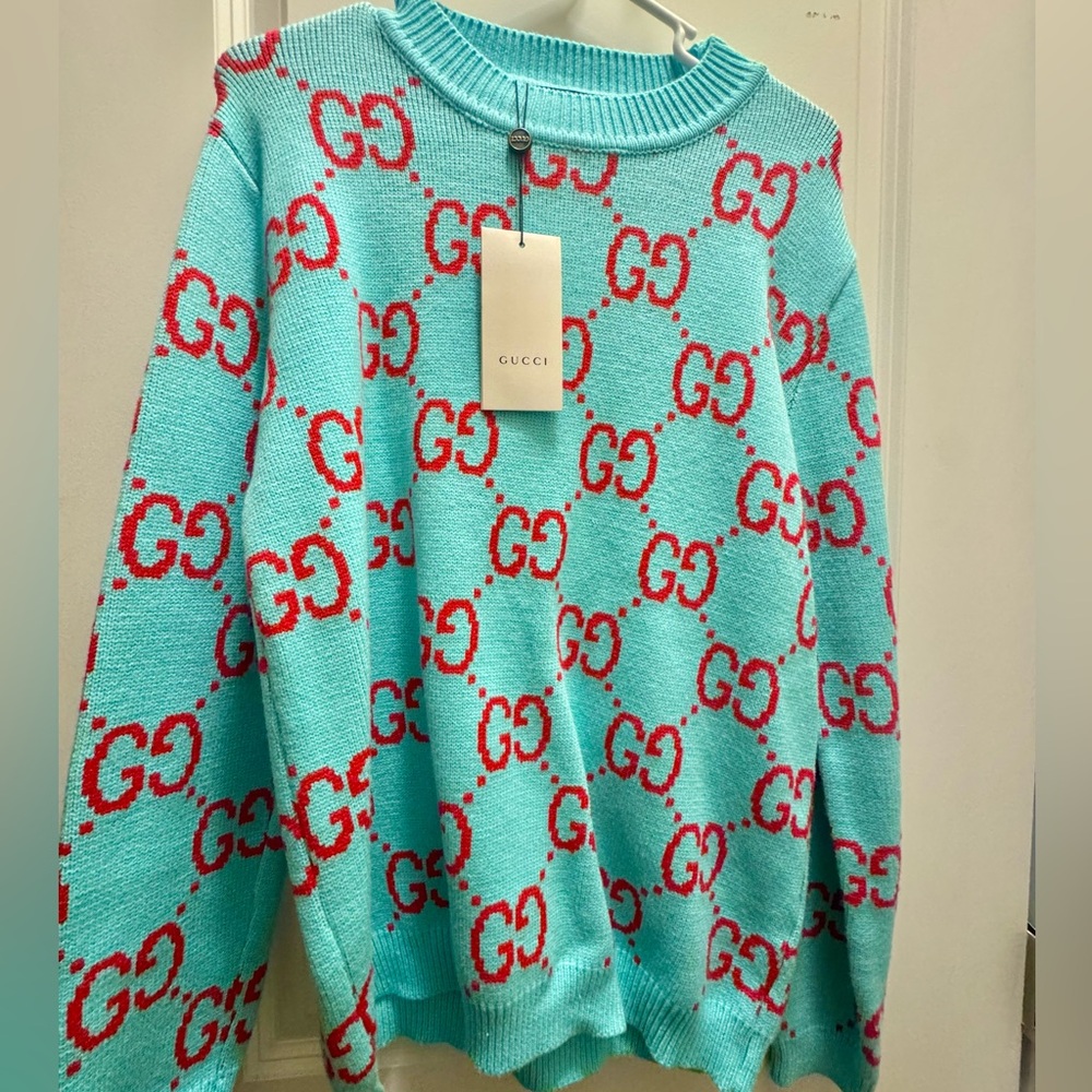 Gucci Unisex GG Cotton Knit Crewneck Sweater- Turquoise and Red